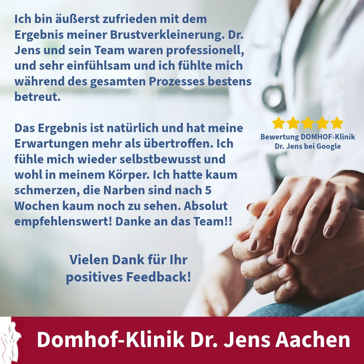 Ihre Zufriedenheit ist unser Ziel. Daher freuen wir uns über folgende Google-Bewertung:"Ich bin äußerst zufrieden mit dem Ergebnis meiner Brustverkleinerung. Dr. Jens und sein Team waren professionell, sehr einfühlsam und ich fühlte mich während des gesamten Prozesses bestens betreut. Das Ergebnis ist natürlich und hat meine Erwartungen mehr als übertroffen. Ich fühle mich wieder selbstbewusst und wohl in meinem Körper. Ich hatte kaum Schmerzen, die Narben sind nach 5 Wochen kaum noch zu sehen. Absolut empfehlenswert! Danke an das Team."Wir sind dankbar für das Vertrauen und freuen uns, dass wir unseren Patientinnen zu mehr Lebensqualität verhelfen dürfen.Insgesamt kann eine Brustverkleinerung für Patientinnen einen echten Neuanfang bedeuten – mit weniger körperlichen Beschwerden und einem positiven, selbstbewussteren LebensgefühlSie möchten sich auch rundum wohlfühlen? Vereinbaren Sie jetzt Ihr Beratungsgespräch! Nutzen Sie unsere Erfahrung aus über 25 Jahren!#Brustverkleinerung #Patientenstimme #Selbstbewusstsein #NatürlichSchön #DrJens #Vertrauen #Wohlfühlen #domhofklinik #aachen #aachencity #plasticsurgery #beauty #brustop