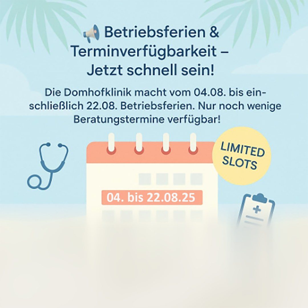 📢 Sommerpause & Terminverfügbarkeit – Jetzt Wunschdatum sichern!
Die Domhofklinik gönnt sich vom 04.08. bis einschließlich 22.08. eine kurze Sommerpause. Bis dahin stehen noch einige wenige Beratungstermine für plastisch-chirurgische Eingriffe zur Verfügung – nutzen Sie die Gelegenheit!
Auch für September und Oktober ist die Nachfrage bereits sehr hoch – planen Sie frühzeitig, um sich Ihren Wunschtermin zu sichern.
✨ Wir freuen uns sehr über das große Vertrauen, das uns unsere Patientinnen und Patienten entgegenbringen – Ihre Wertschätzung für unsere Expertise und persönliche Betreuung motiviert uns jeden Tag aufs Neue. Vielen Dank!
📞 Jetzt Termin vereinbaren – wir freuen uns auf Sie!Ihr Team von Dr. med. Helge Jens und der Domhofklinik in Aachenwww.drjens.de
☎ 0241-479920#drjens #domhofklinik #sommerferien #aachen #plastischechirurgie #beauty #brustoperation #faltenbehandlung #botox #filler #liposuction #brustvergrößerung #lidoperation