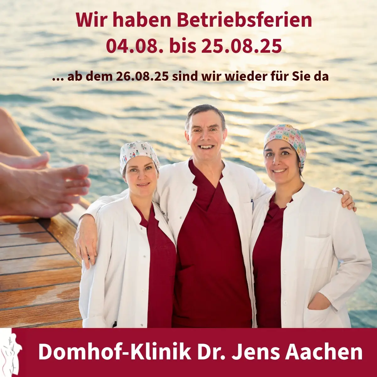 Liebe Patientinnen und Patienten,unsere Praxis bleibt vom 04.08. bis einschließlich 25.08.2025 geschlossen – wir gönnen uns eine kleine Sommerpause! ☀🌿📧 In dieser Zeit erreichen Sie uns am besten per E-Mail oder über unser Kontaktformular auf der Website. Bitte haben Sie Verständnis dafür, dass die Bearbeitung Ihrer Anliegen etwas länger dauern kann als gewohnt.Ab Dienstag, den 26.08.2025, sind wir wieder wie gewohnt zu unseren regulären Sprechzeiten für alle Fragen rund um Ästhetisch-Plastische Chirurgie für Sie da.Wir wünschen Ihnen eine schöne und gesunde Sommerzeit! 🌞
Ihr Team der Domhof-Klinik in Aachen#domhofklinik #drjens #urlaub #sommerpause #betriebsferien #beauty #plasticsurgery #PlastischeChirurgie #wohlfühlen #sommerferien
